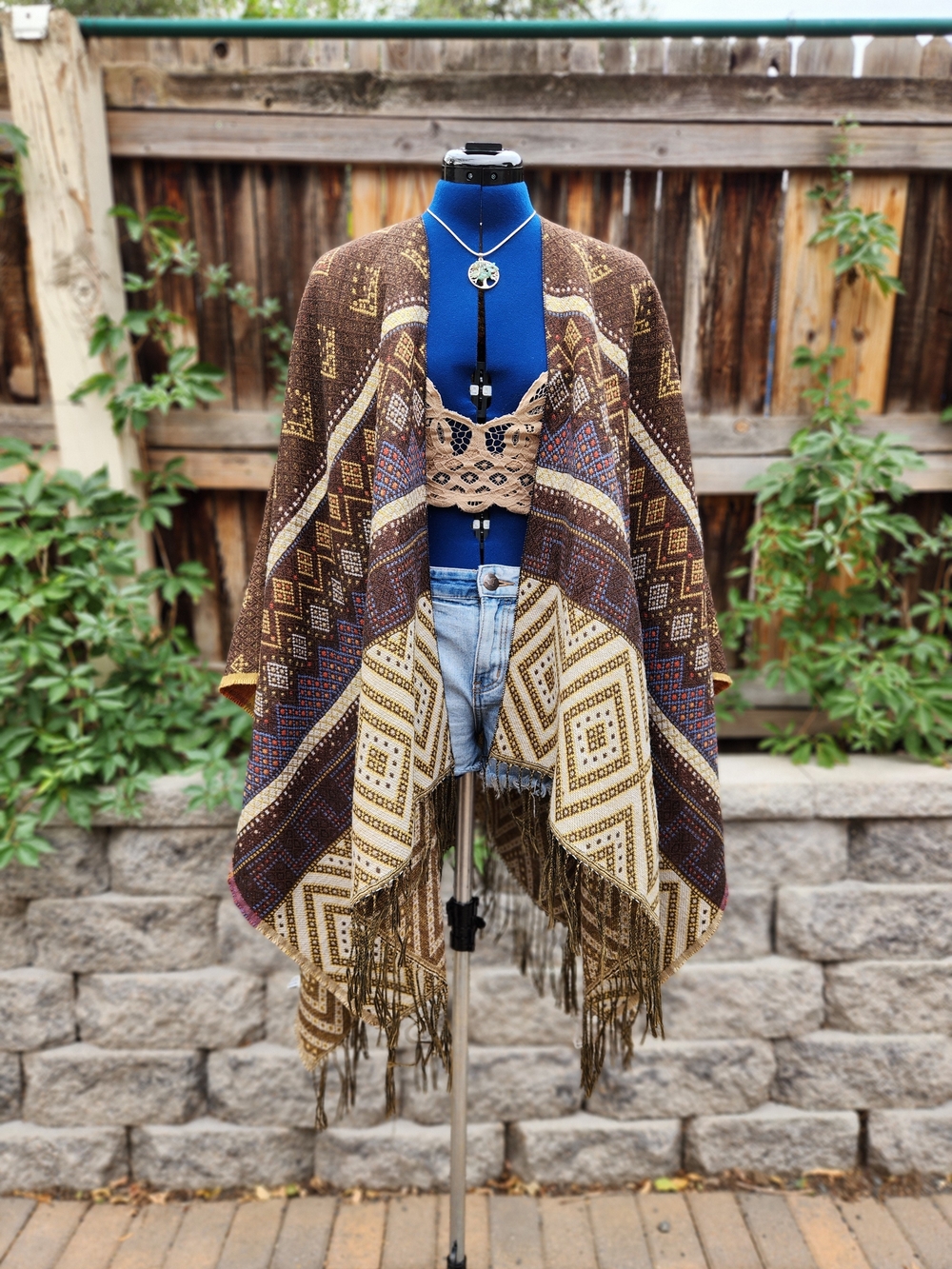 Boho Fringe Knit Poncho Sweater - Brown/Cream